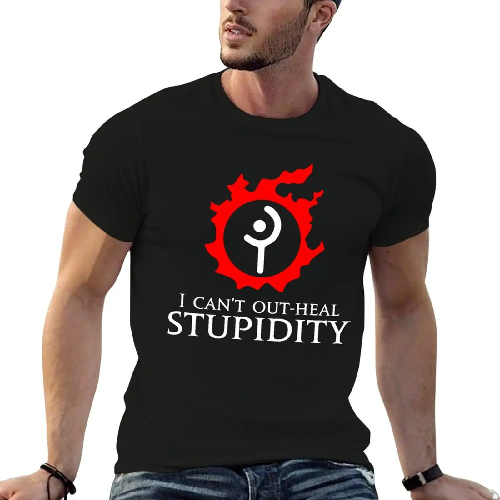 White Mage - I can't out-heal Stupidity funny meme MMORPG T-Shirt customizeds anime clothes workout shirts for men