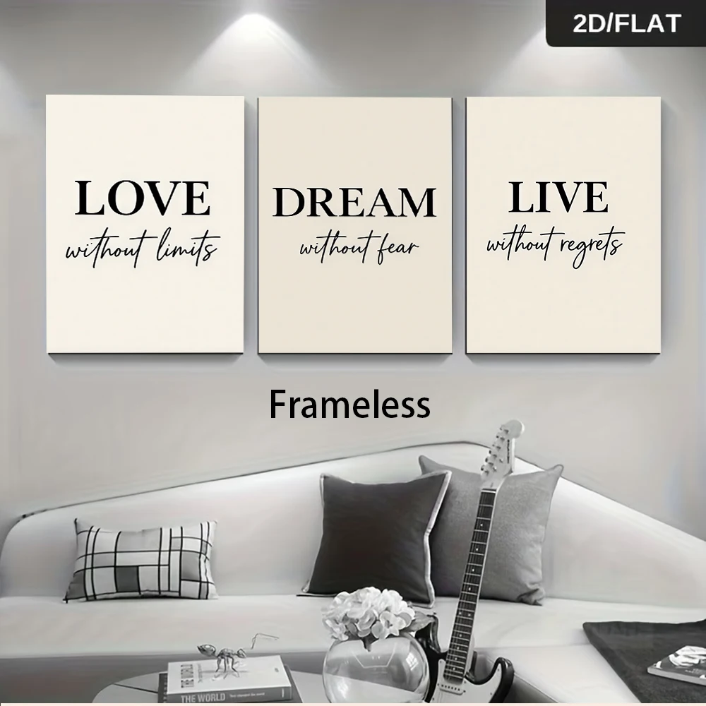 1 Satz moderner, minimalistischer Triptychon-Dekorationsgemälde, rahmenlose Gemälde mit englischem Alphabet für das Schlafzimmer, 2D-Flachdesign.
