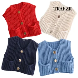 TRAF ZR New Knit Vest O-NECK Women's Vest Woman Fashion Sweater Vests Lined Sleeveless Cardigan Female Waistcoat