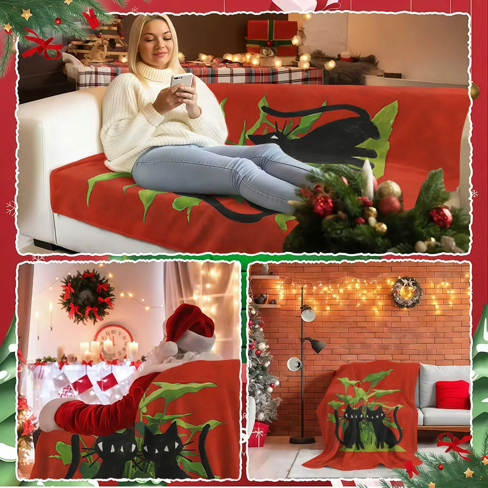 Twin Black Cats Plants Winter Summer Flannel Blanket Throw Fleece Soft Fuzzy Plush Cozy Fleece Blankets for Sofa Ideal Gifts