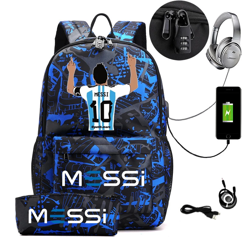 2pcs Messi Backpack An-ti lock USB Women Men Capacity Teens Laptop School Bags Casual senior high school Students Mochilas