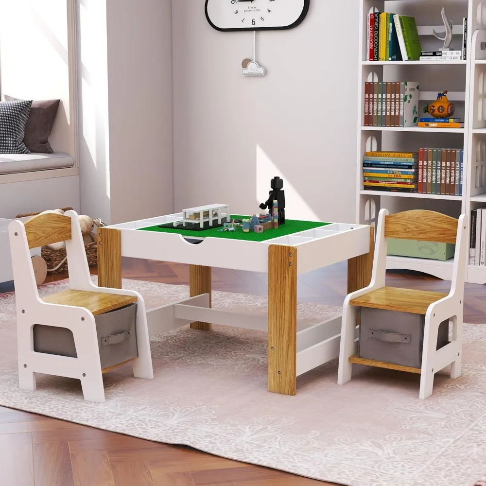 Wooden 3 in 1 Kids Table and Chairs Set with 2 Storage Baskets, Kids Lego Table, Children Activity Table with Book Storage