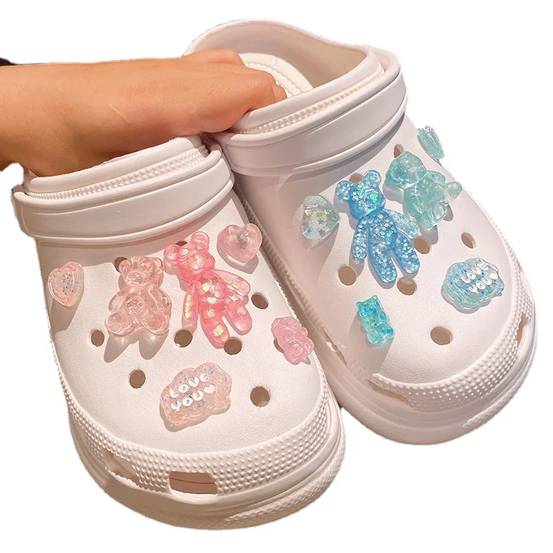 New 12pcs/set Glitter Love Bear Novelty Cute Hole Shoes Charms PVC Shoe Decorations Sneakers Slippers Accessories Kid Girl Gift