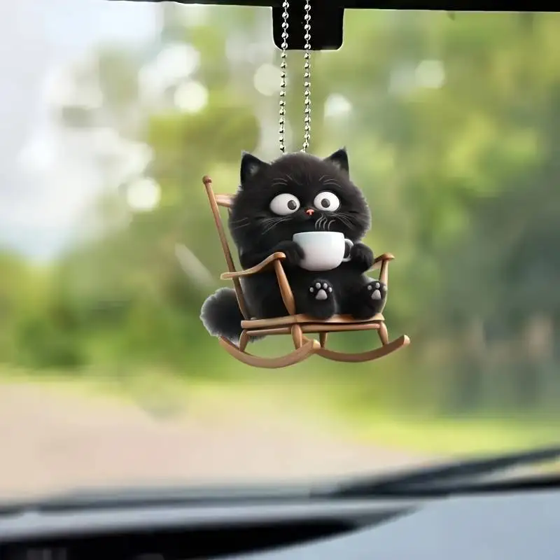 Creative 2D Flat Cute Black Cat Drinking Tea Acrylic Keychain Car Backpack Hanging Pendant Animal Keyring Decorative Accessories