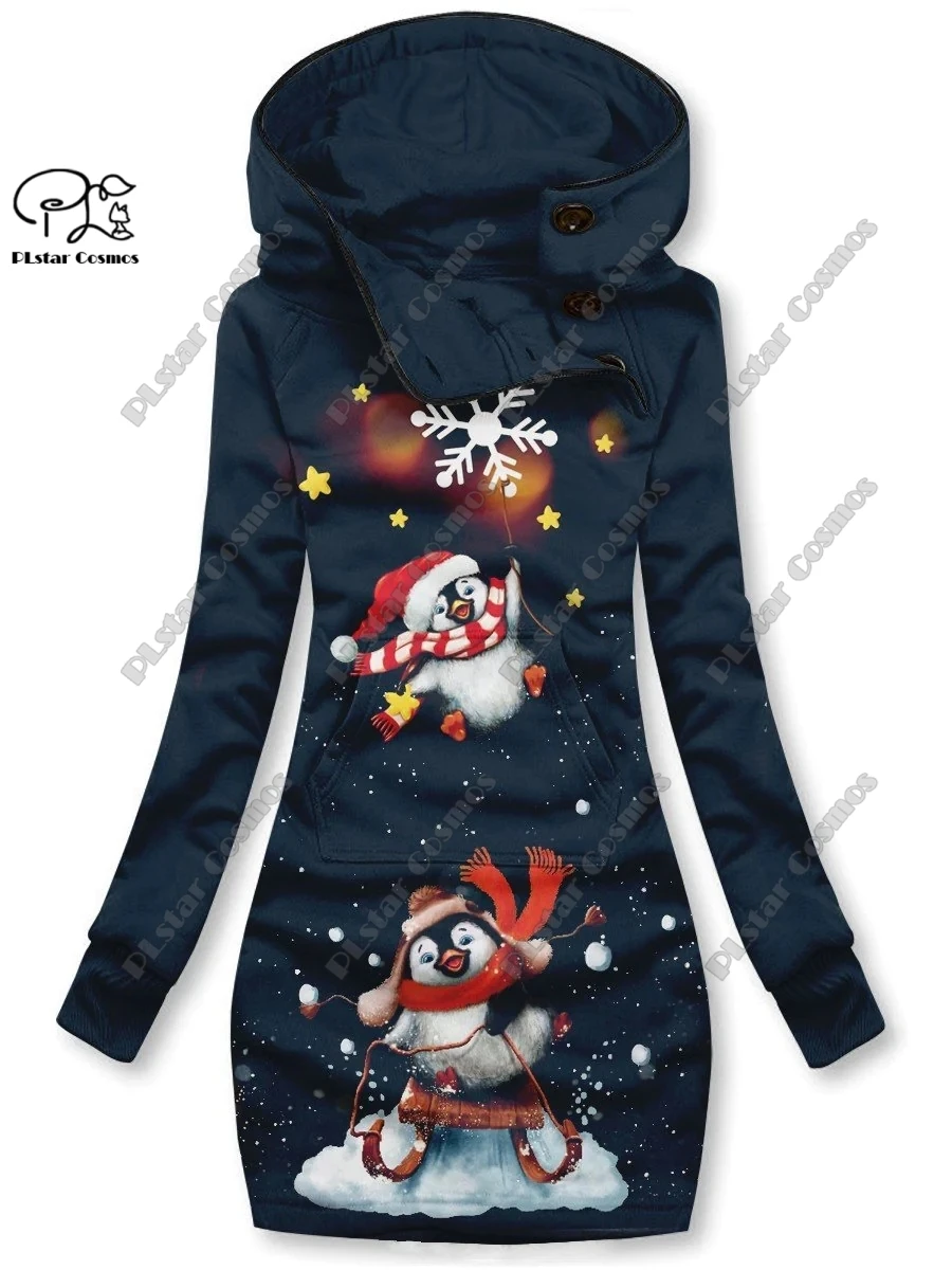 3D printed Christmas snowflake animal series penguin pattern special collar women\'s long sweatshirt dress casual and warm