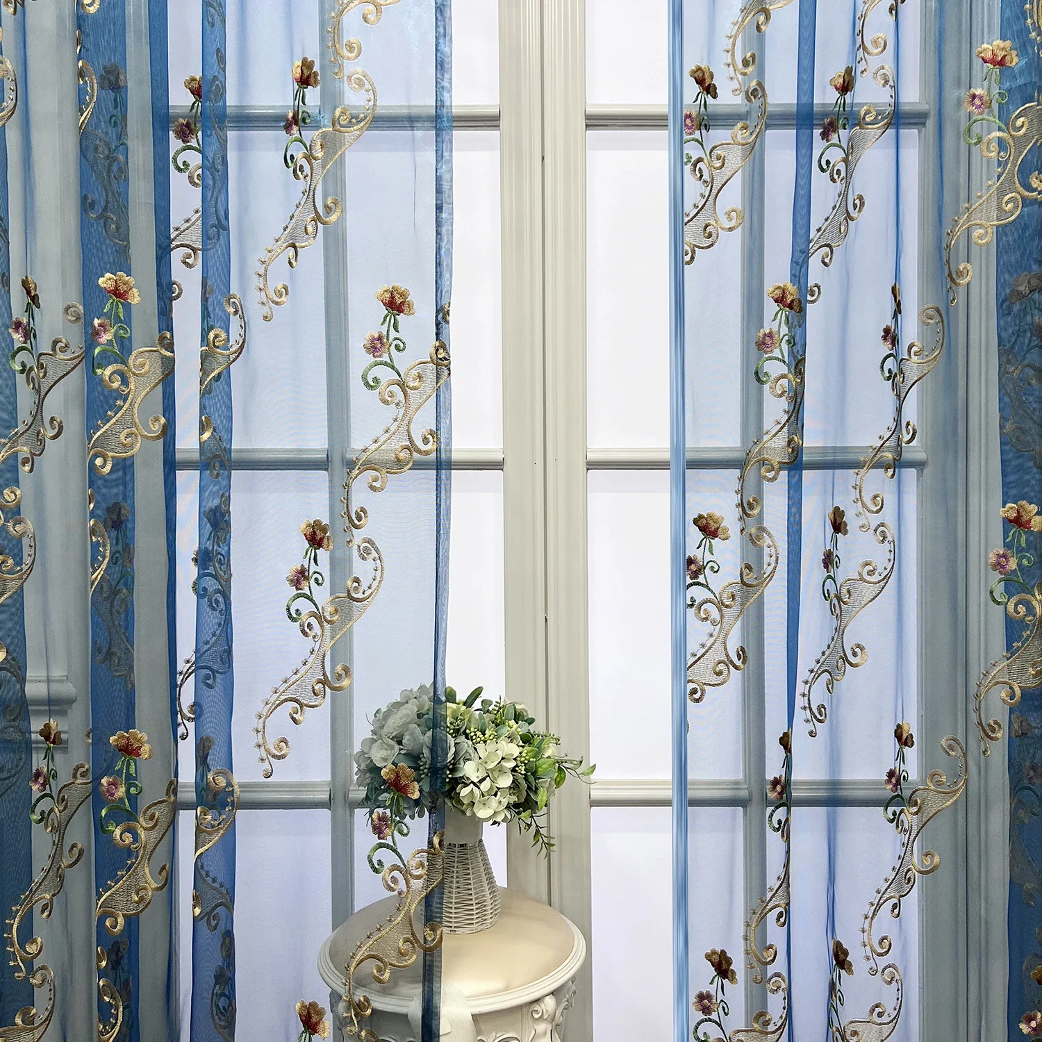 Korean Style Countryside High-end Embroidered Blue Transparent Gauze Curtains For Luxury living Room Bedroom Window Curtains