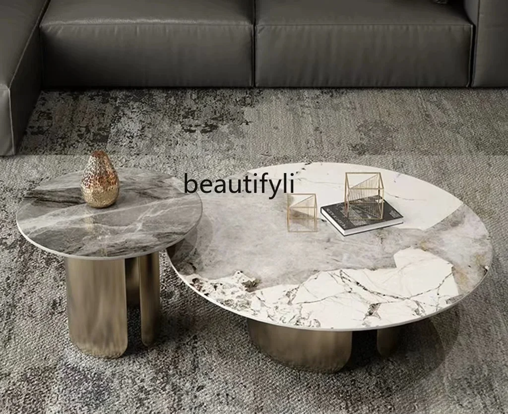 Italian minimalist Pandora rock slab light luxury living room round combination small apartment coffee table