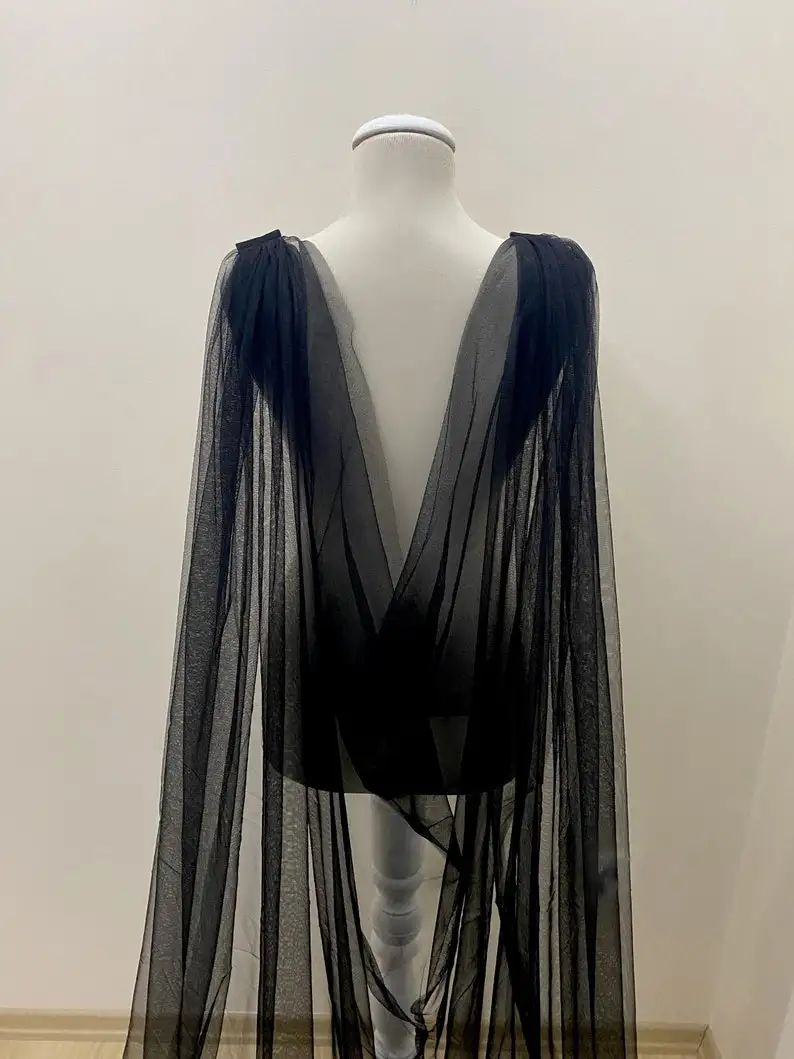 أسود الزفاف كيب طويل الزفاف كيب الأزهار كاتدرائية الحجاب بريق الكتف الحجاب فستان الزفاف الأسود تول أسود #4