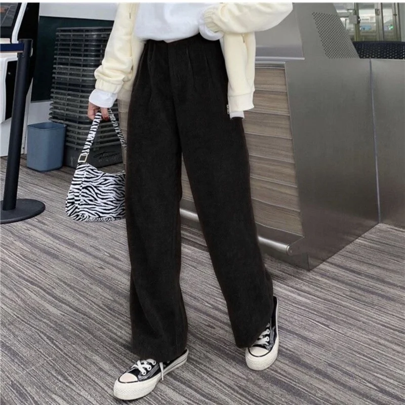 HOUZHOU Oversized Beige Corduroy Wide Leg Pants Women Korean Style Black High Waist Pockets Loose Trousers Female 2021 Autumn