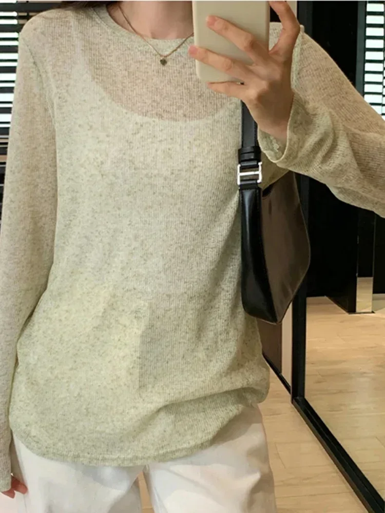 

Korean Women Simple Long Sleeved Knitted Sun Protection T-shirt Fashion Classic Women's Slimming Thin Casual Chic Knitted Top