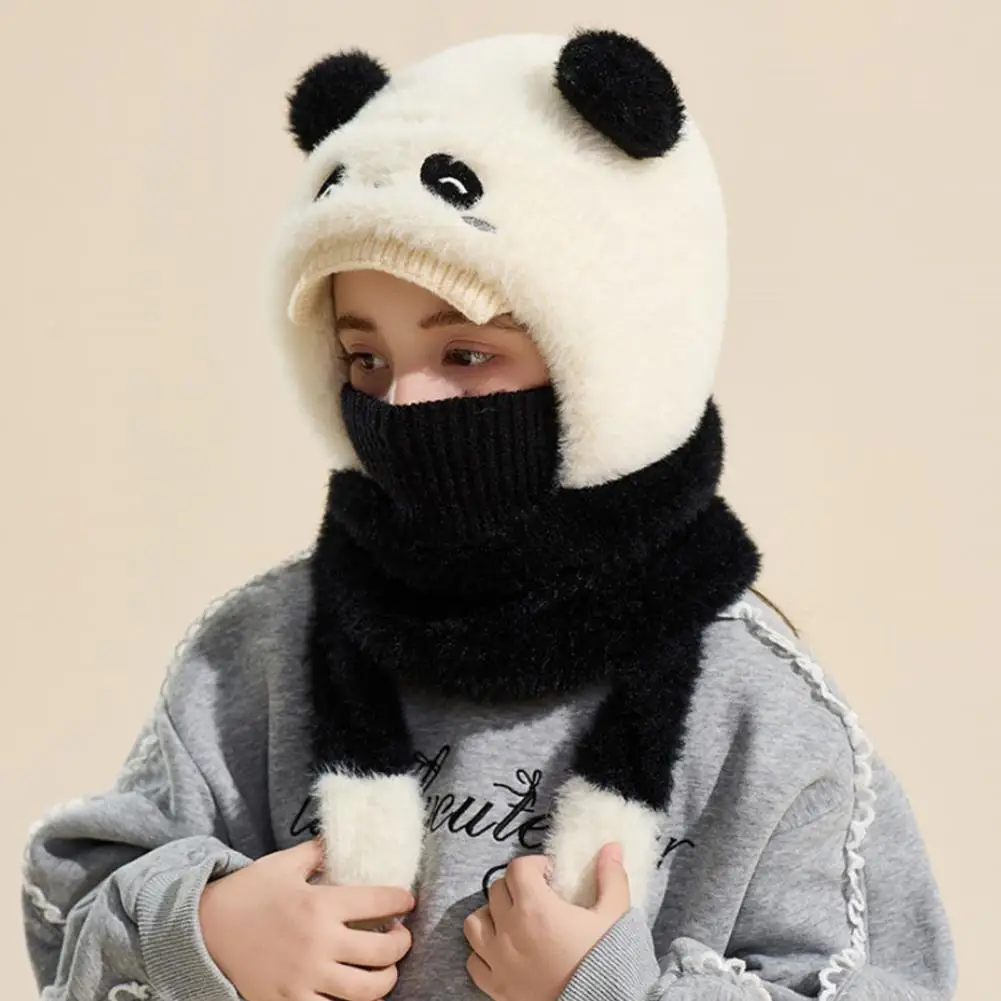 Wool Knit Hat Warm Windproof Kids Bear Hat with Face Guard Plush Lining for Autumn Winter Outdoor Wear Vertical Knit Hat