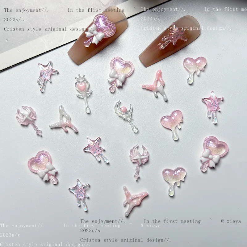 20 stücke 3d koreanische kawaii rosa Harz Nagel kunst bezaubert japanisches Herz/Zauberstab Schmuck Nagel Strass Dekorationen Zubehör DIY