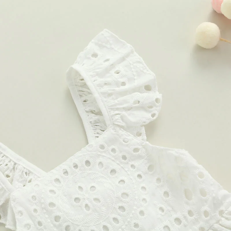 Newborn Baby\'s Clothes Girls Summer Dress Solid Color Lace Hollow-Out Square-Neck Flying Sleeve Children\'s Clothing Set 1-5Y