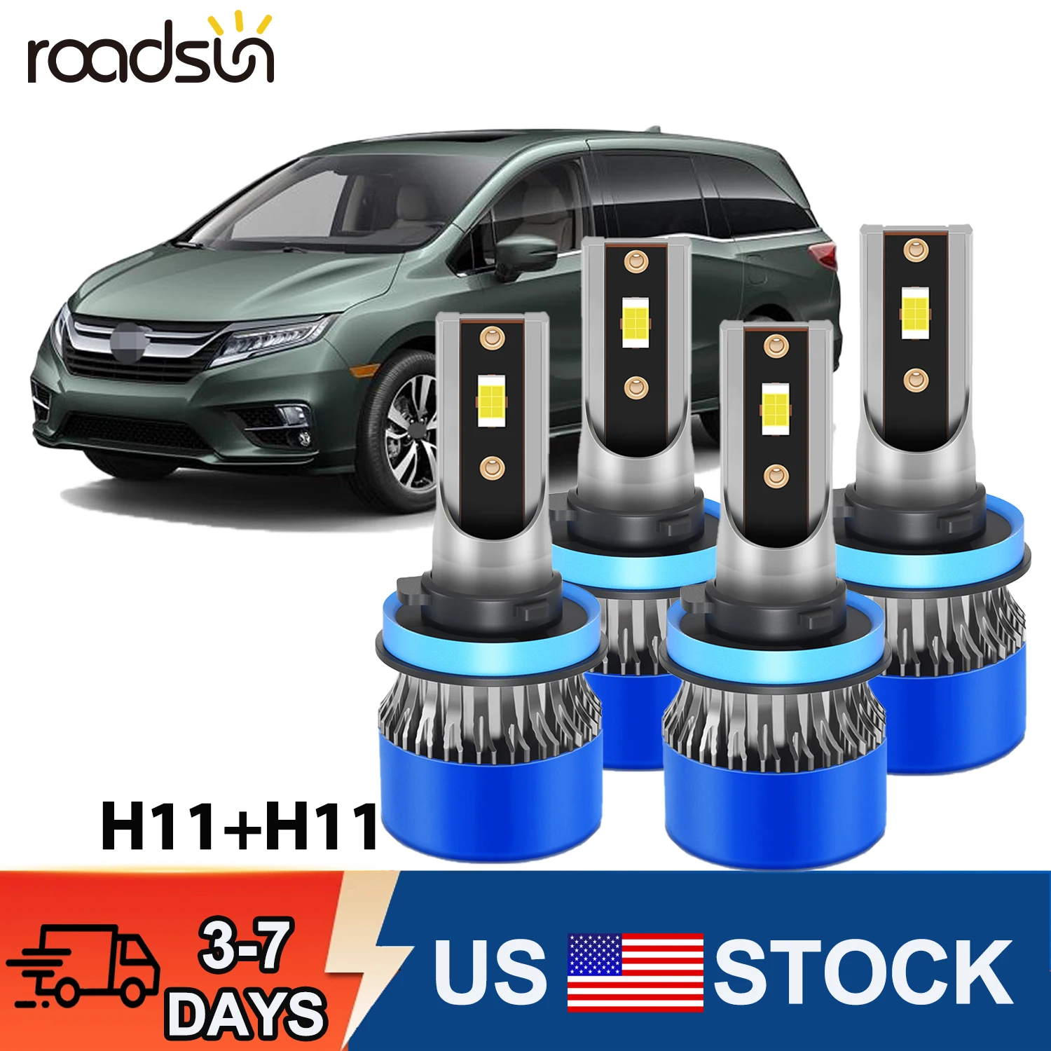 Roadsun 4pcs Car Headlights Combo H11 High&Low Beam Lamps 30000LM/pair 6500K White LED Headlamps 50000hrs Lifespan 200M Visible Range