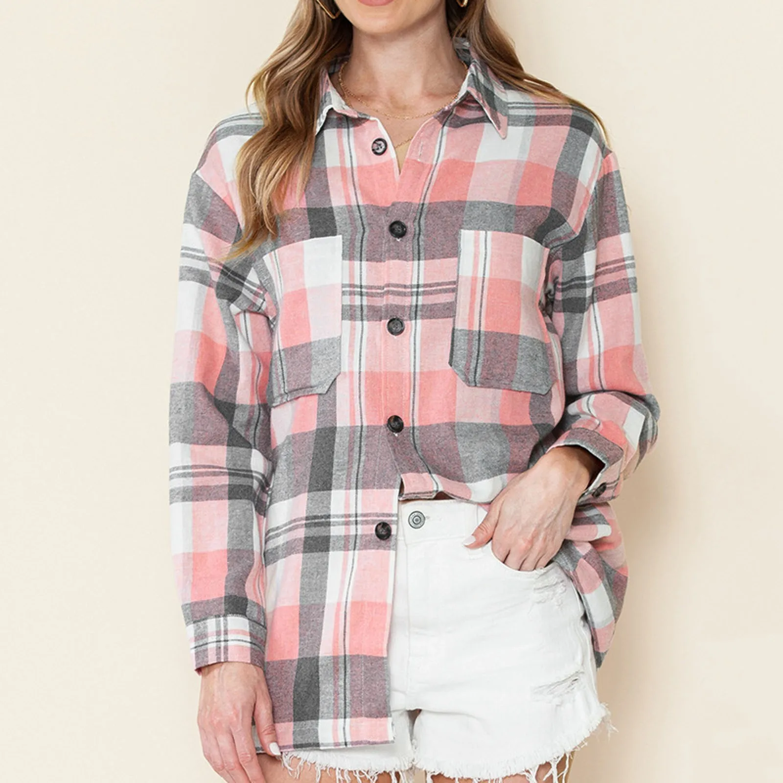 Shirt Jacket Women\'s Plaid Pattern Pocket Design Shacket Checkered Winter Plaid Jacket Overshirt Warm Thicken Button Coat Women