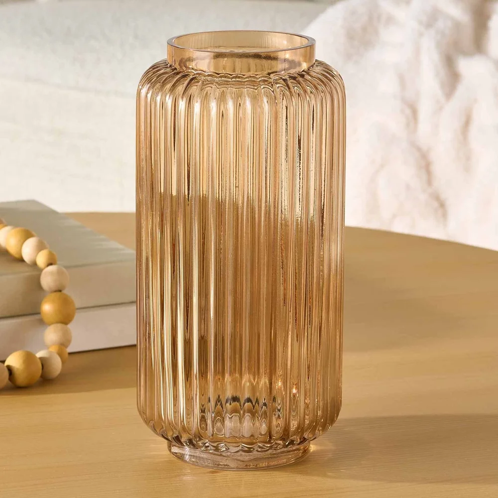 Ribbed Glass Cylinder Vase – 10" Decorative Floral Holder 4
