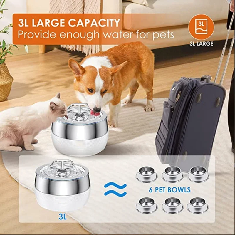 3L Automatic pet feeder Fountain 304 Stainless Steel Pet Water Dispenser Large Capacity Mute Filter Dog Drinking Feeder