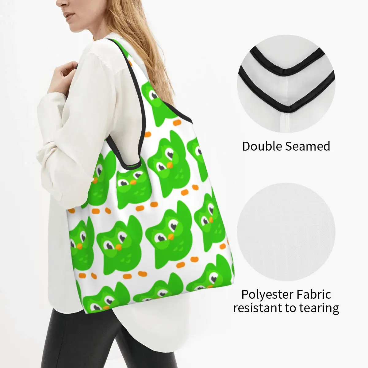 Duolingo Cartoon Owl Reusable Shopping Grocery Bags Foldable 50LB Weight Capacity Eco Bag Eco-Friendly Ripstop