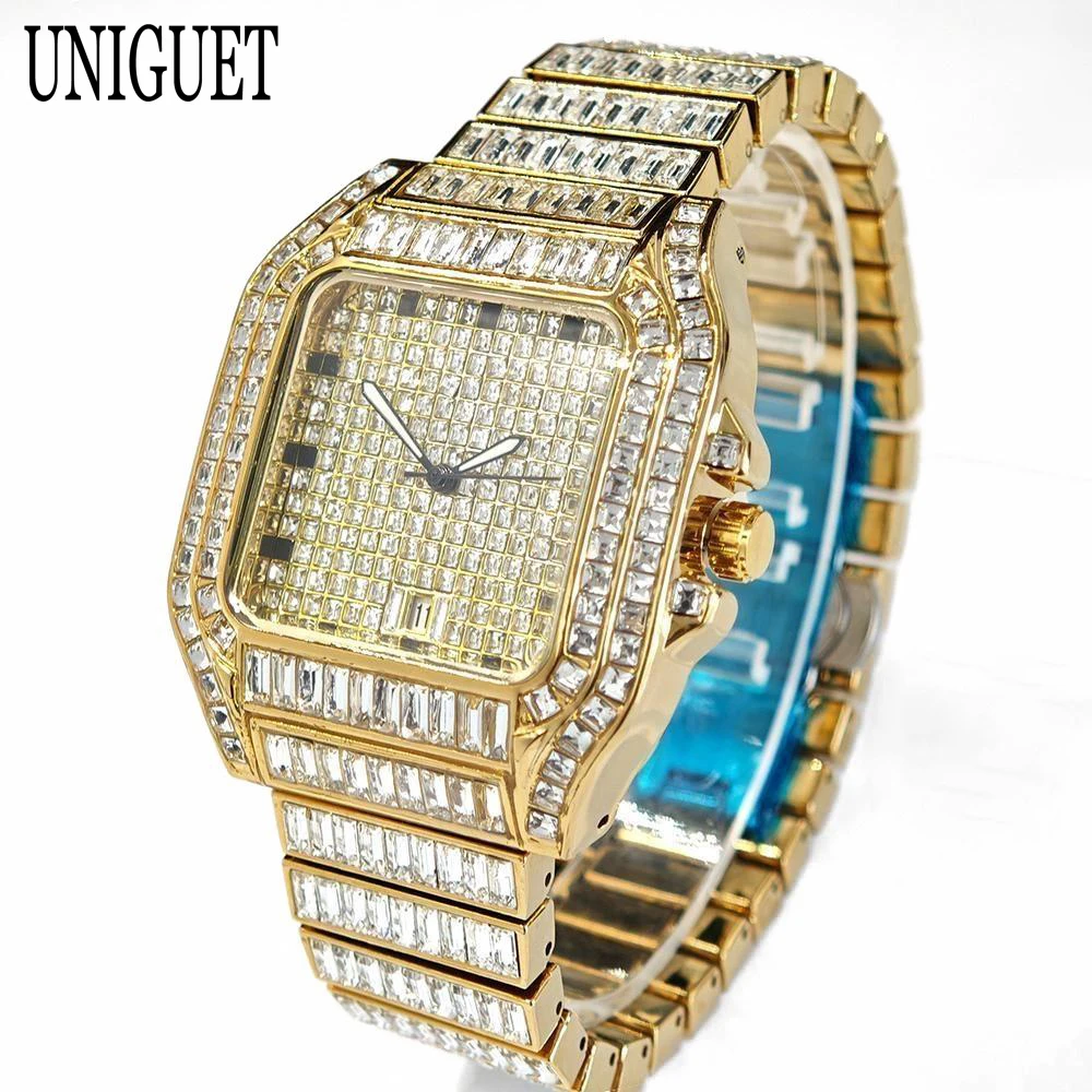 ساعة عصرية على شكل ثلج وردي للرجال فاخرة من الفولاذ المقاوم للصدأ ساعات كوارتز مربعة للرجال هيب هوب مستطيلة الماس AAA ساعة يد مجوهرات