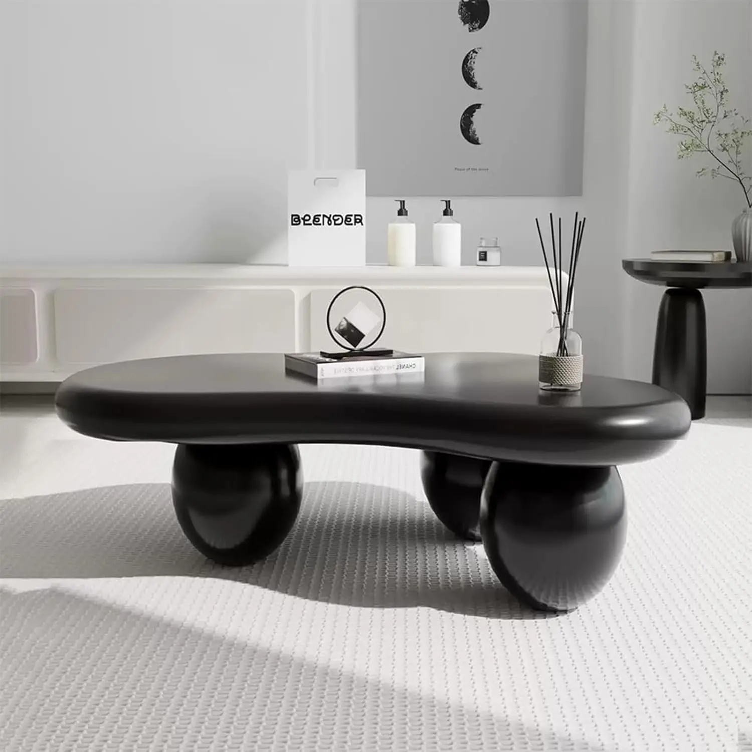 

Asymmetric Black Coffee Table with 3 Stable Ellipsoid Leg, Modern Stylish Cloud Center Table - Cafe Books Laptop, Customized