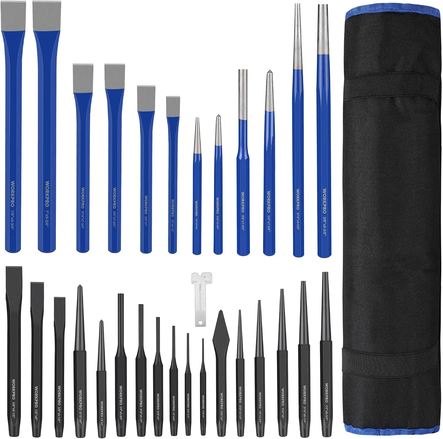 30PCS Heavy-Duty Punch & Chisel Set with Roll Pouch, Premium Steel, Blackened & Painted Finish, Cold Center Cape Chisels, Pin Taper Punches
