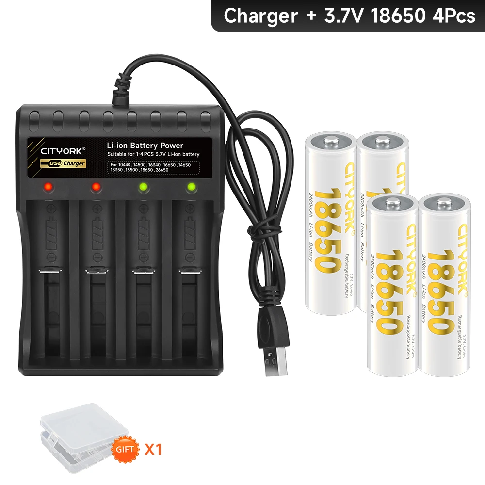 18650 リチウムイオン電池 3.7V、2400mAh、4 スロット独立チャンネル充電器付き、小型ファン、懐中電灯、電気玩具に使用