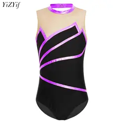 Kids Girls Metallic Gymnastic Leotard Ballet Bodysuit Sheer Mesh Sleeveless Keyhole Back Figure Ice Skating Jumpsuit Dancewear