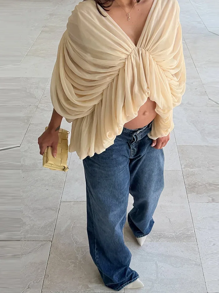 Modische Damenbluse mit Fledermausärmeln 2026 V-Ausschnitt Locker Geschnittenes Crop-Top Einfarbig Vielseitig Slim Fit Sommer Streetwear Büro Pendler-Outfit