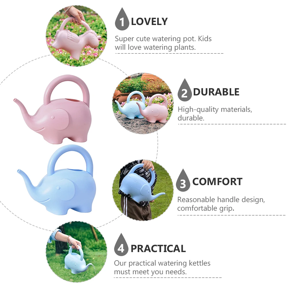 

2Pcs Children Watering Kettles 1L Large Capacity Durable PP Material Comfortable Grip Elephant Shape Kids Outdoor Toys Gardening