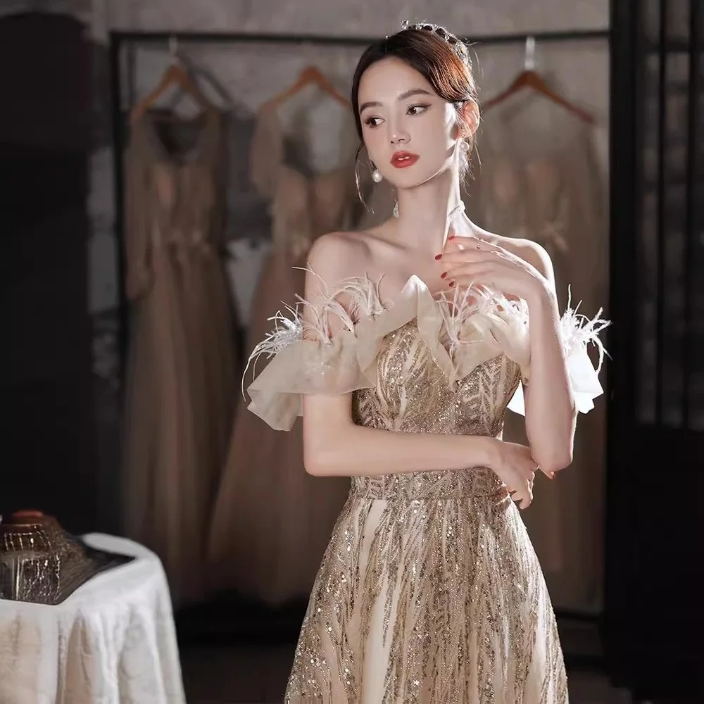 

Champagne Color Evening Gown Women's Host Dr Luxury mat Birthday Par Ball Gown Ele Silhouette Wedding Dr