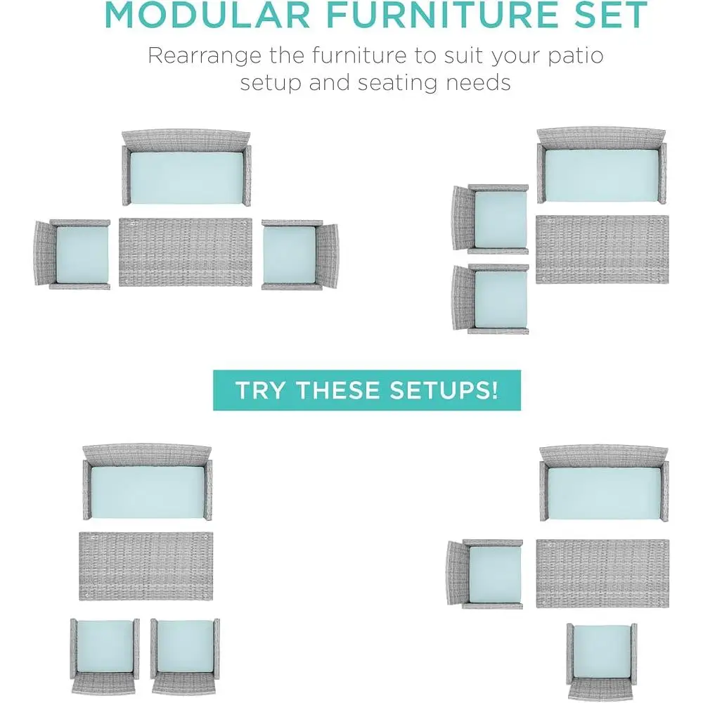 4 ชิ้นหวายกลางแจ้ง Patio เฟอร์นิเจอร์ชุด Modular ที่นั่งกาแฟตารางหมอนอิงทนต่อสภาพอากาศ Backyard Garden ระเบียง