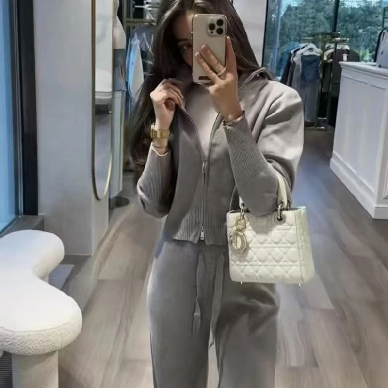 

Кардиган на молнии в европейском и американском стиле, осенне-зимнее пальто, вязаный комплект из двух предметов большого размера, топ с длинными рукавами, широкие брюки