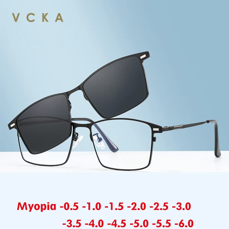 

VCKA 3 in 1 Square Magnetic Polarized Myopia Sunglasses Men Women Driving Custom Prescription OpticsGlasses Frame -0.5 to -10