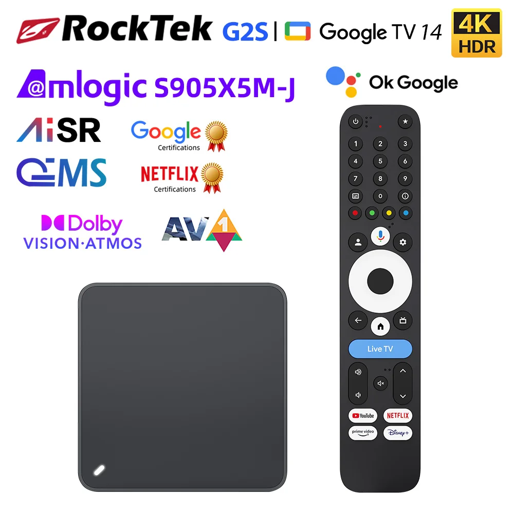 RockTek G2S UHD Google TV Box Netflix Google Certified 2GB 32GB S905X5M-J Support Dolby Atmos Vision Wifi6 BT5.2 AndroidTV Box
