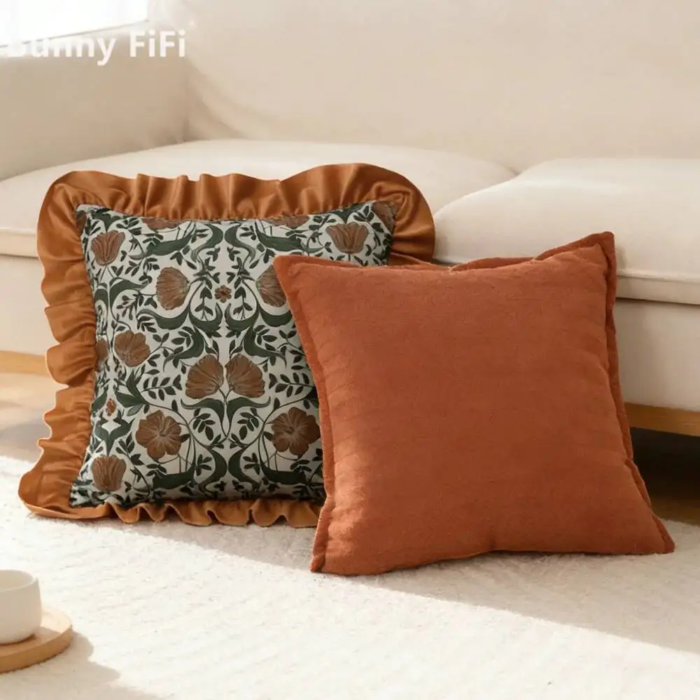 Floral Velvet Modern Cushion Covers With Ruffle Flower Pattern Cotton Linen Decorative Throw Pillow Cases For Sofa Bed Decor