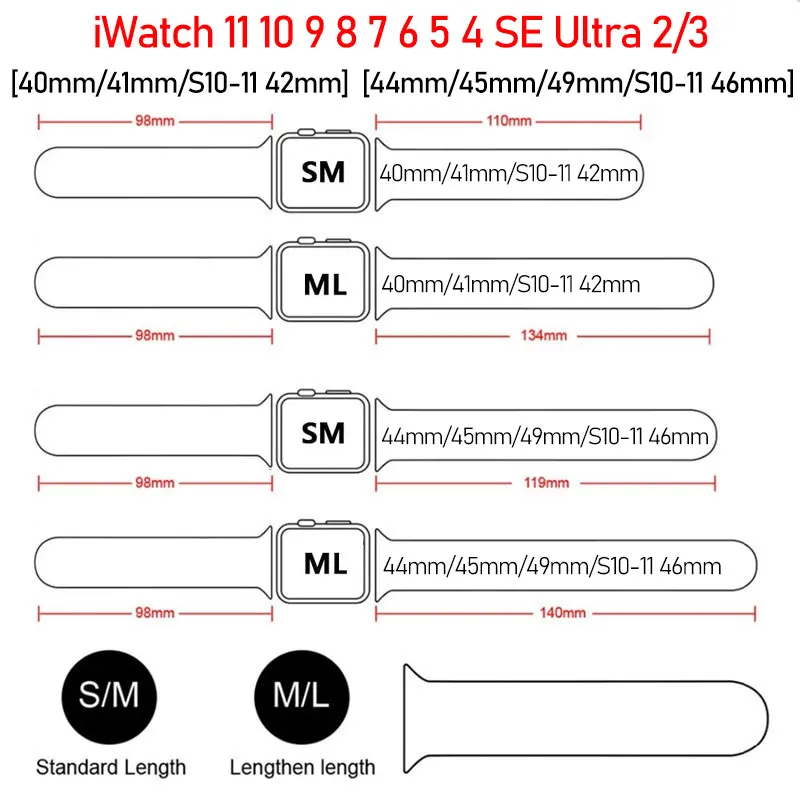 Silicone Strap For Apple Watch Band 44mm 45mm 40mm 41mm S10 11 42/46-38mm Bracelet iWatch 8 7 6 5 4 9 Ultra 3 2 49mm SM ML Size view 3