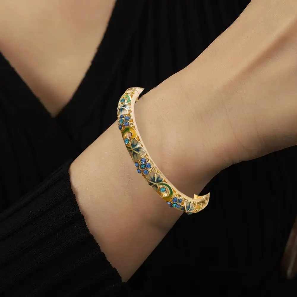 Двойной браслет, винтажный перегородчатый браслет, традиционный китайский браслет с цветочным узором, винтажный классический женский браслет на руку