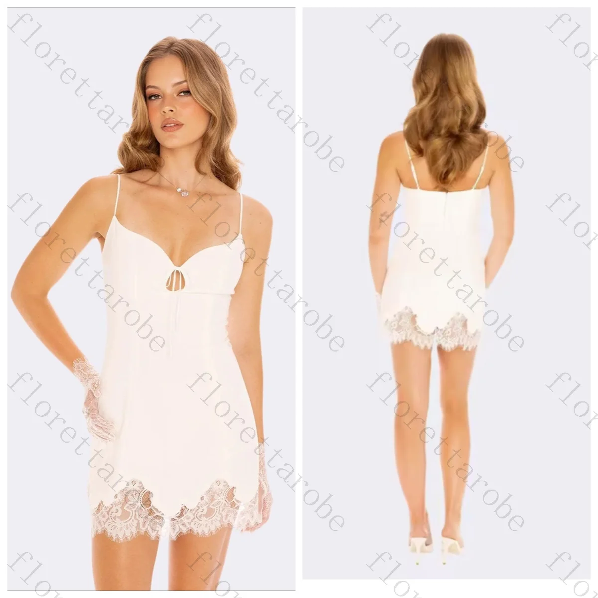 Customized White Spaghetti Strap Mini Dress Keyhole Front Scalloped Lace Hem Sheath Homecoming Gown for Women Club Party Events