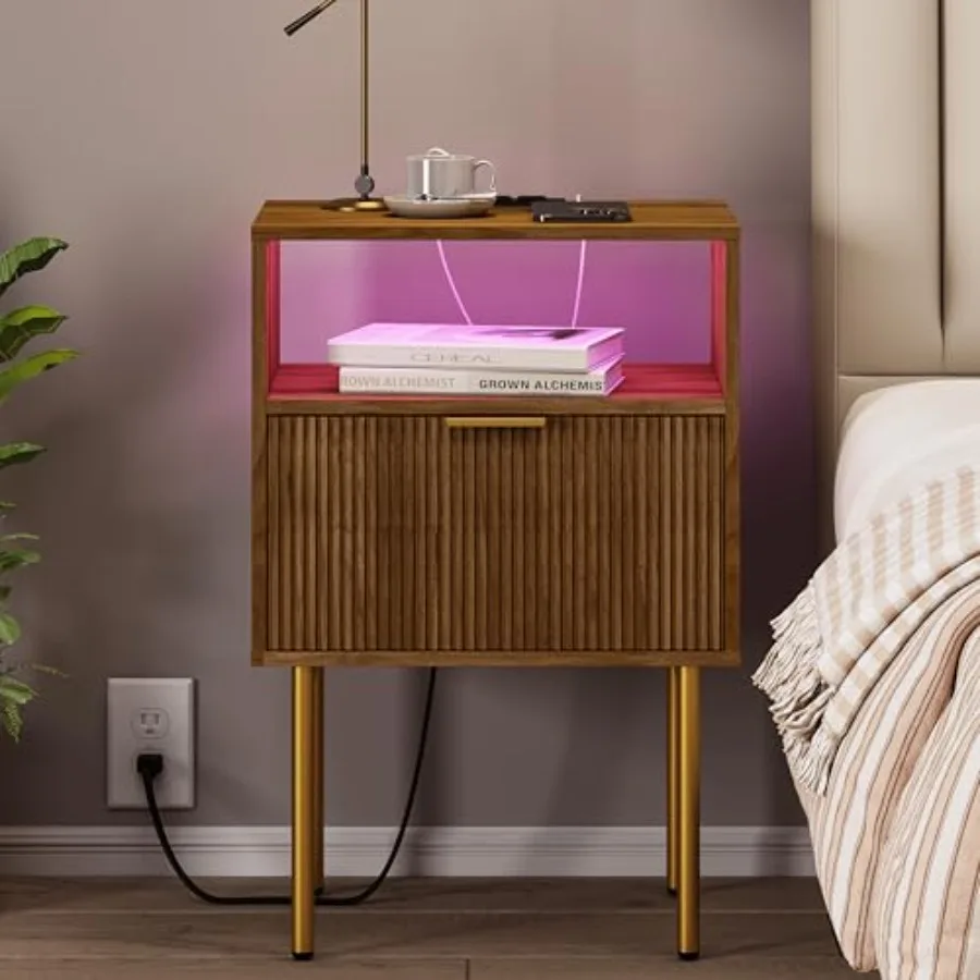 

Nightstand with Outlet and Led Light Bedside Table with Storage Drawer Fluted Side Table for Living Room Bedroom in White Oak F