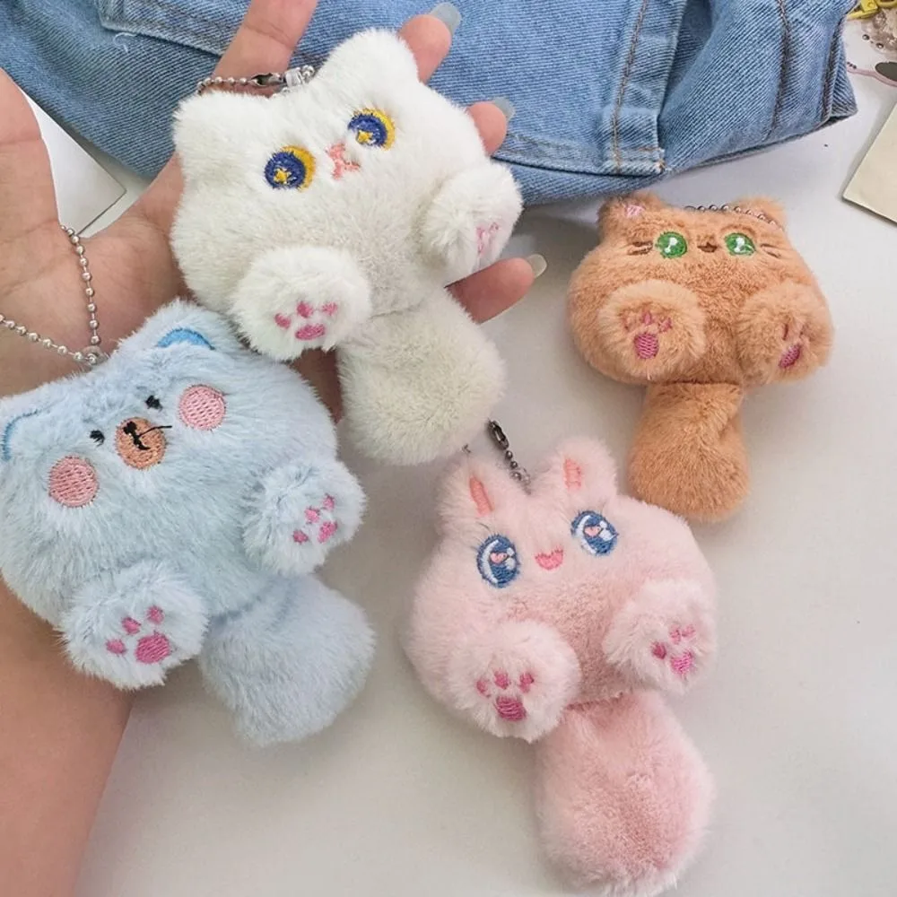 Criativo macio gato de pelúcia chaveiro brinquedo de pelúcia coelho boneca chaveiro dos desenhos animados kawaii urso pingente com saco cauda pendurado