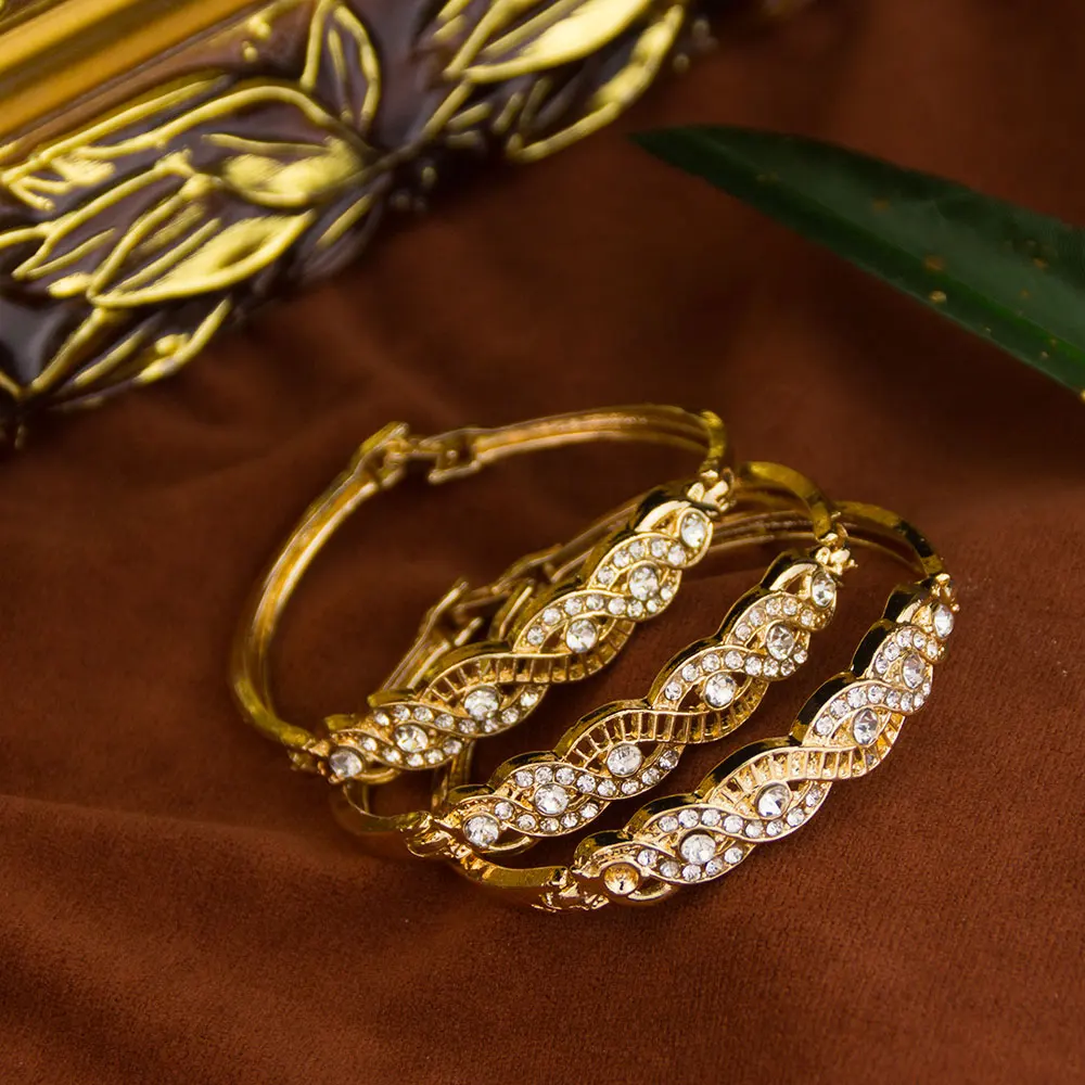 Sunspicems Gold Color Arabic Cuff Bracelet For Women Algeria Morocco Bride Wedding Jewelry DuBai Rhinestone Thin Bangles