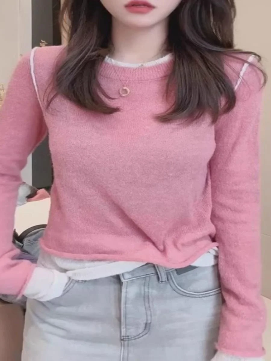 الكورية Sle الحلو اللون بلو وهمية قطعتين متماسكة سترة طويلة Sve قاعدة طبقة irt الخريف الشتاء التخسيس العصرية