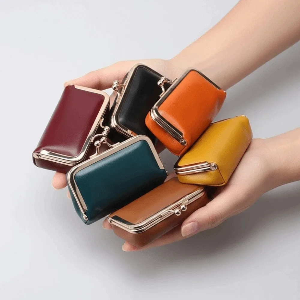 

Элегантный портативный кошелек-монетница с застежкой Kiss Lock, однотонный кожаный мешочек для украшений, классическая сумка для мелочей с защитой от потери, для ключей и помады