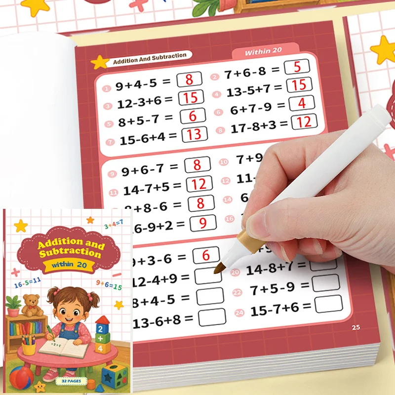 A Math Addition and Subtraction Exercise Book Within 20, 32 Pages English Arithmetic Problems, Math Operation Enlightenment Book