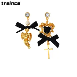 Baroque Lace Bow Angel Asymmetric Pearl Earrings Women Angel Cross Asymmetric Long Earrings