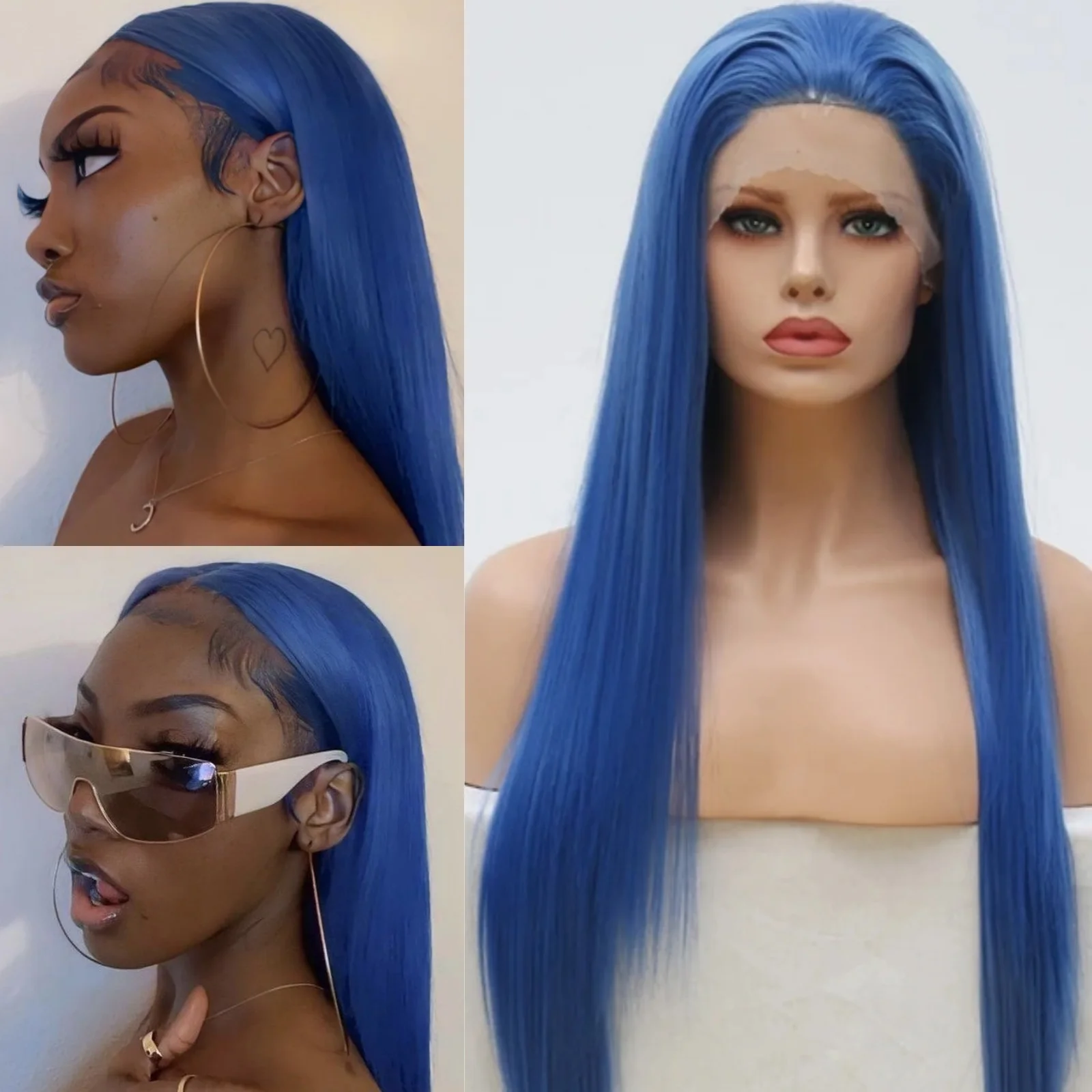 

RDY Ash Blue Wig Long Straight Synthetic Lace Front Wig Glueless Natural Hairline Dark Navy Hair Frontal Lace Wigs for Women