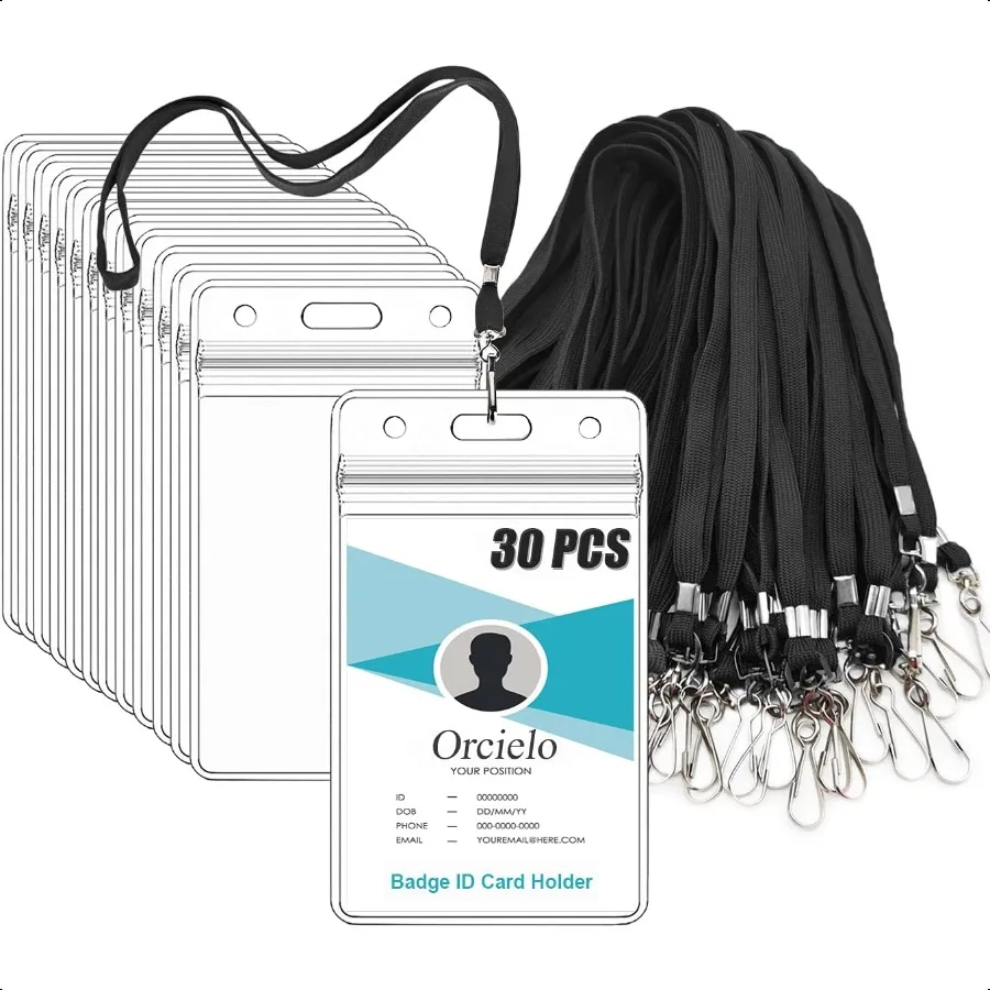 

30Pcs Clear Plastic Vertical Name Tags Badge ID Card Holders and 30Pcs Flat Neck Lanyards Black