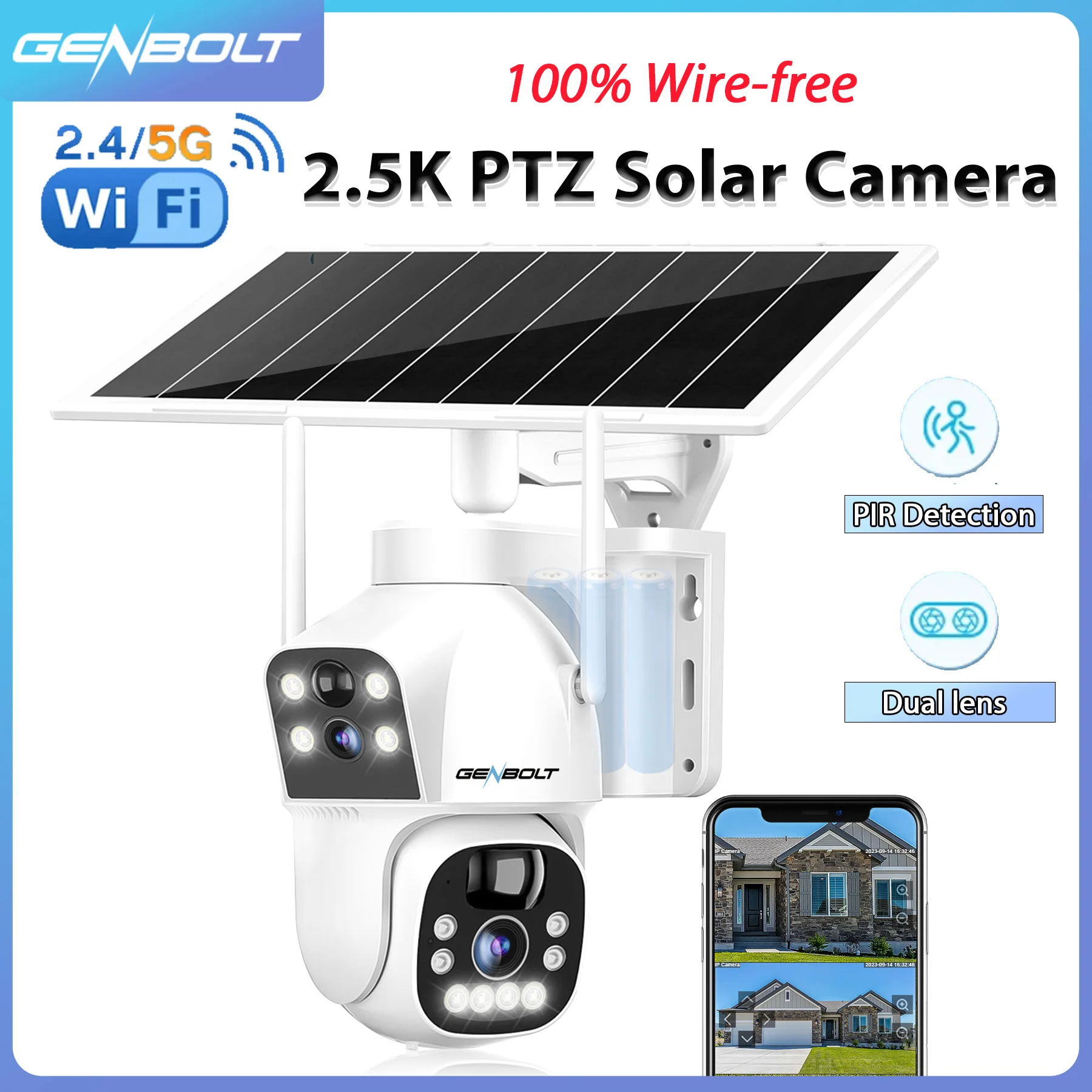 

GENBOLT 2.5k WiFi Solar Camera Dual Len Outdoor Wireless IP Camera PIR Night Vision CCTV Home Surveillance Camera Christmas gift