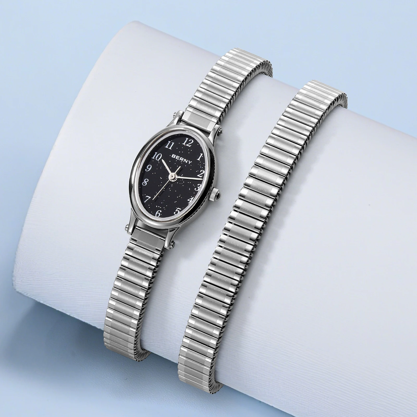 BERNY Watches for Women Luxury Casual Elastic Strap Dress Ladies Watch Stretch Bangle Stainless Steel Easy Read Wristwatch