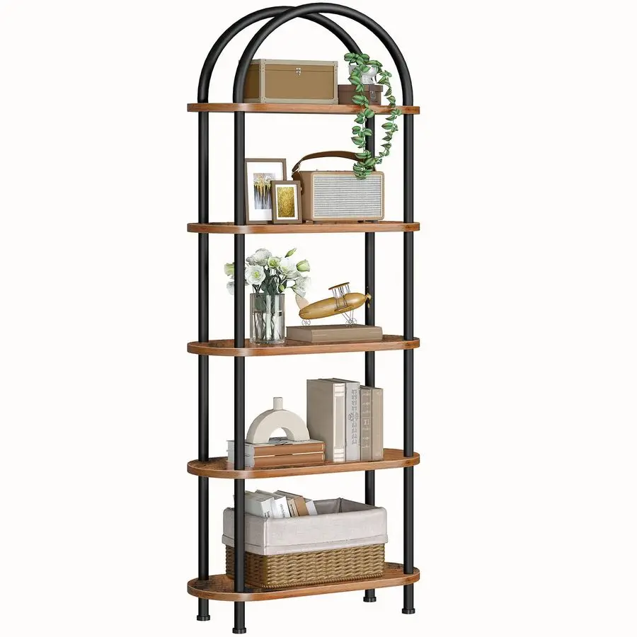 

HOOBRO 5 Tier Open Bookshelf, Industrial Arched Bookcase Display Shelf Rack, Wooden Bookcase Storage Shelf Metal Frame, Tall St